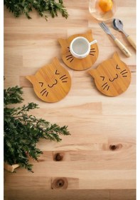 Resim 3'lü Kedi Figürlü Bardak Altlığı Ahşap 