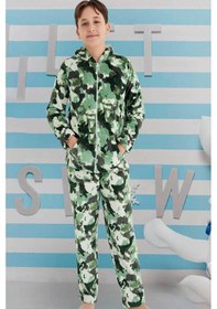 Resim Aydoğan Erkek Genç Çocuk Kadife Kamuflaj Desen Pijama Takımı 240522 Yeşil Yeşil 