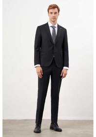 Resim Morven Erkek Siyah Yünlü Platinium Düz Desen Slim Fit Mono Yaka Takım Elbise 24mc001134001 Siyah 