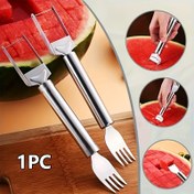 Resim 2-in-1 Paslanmaz Çelik Karpuz Dilimleyici ve Çatal - Mutfak ve Yemek Masası için Kolay Kesim ve Servis Aracı, Ev ve Restoran Kullanımı için Mükemmel, Yemek Masası Temel Gereksinimleri | Modern Yemek Aracı | Dayanıklı Kesim Aracı, Karpuz Dilimleyici 