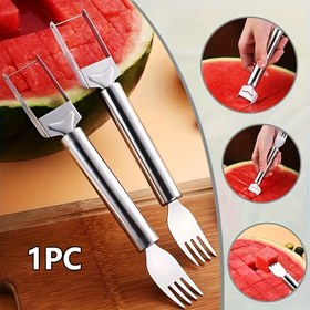 Resim 2-in-1 Paslanmaz Çelik Karpuz Dilimleyici ve Çatal - Mutfak ve Yemek Masası için Kolay Kesim ve Servis Aracı, Ev ve Restoran Kullanımı için Mükemmel, Yemek Masası Temel Gereksinimleri | Modern Yemek Aracı | Dayanıklı Kesim Aracı, Karpuz Dilimleyici 