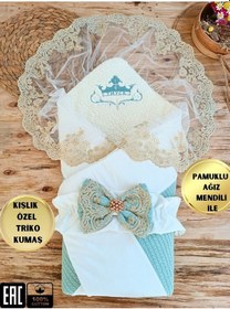 Resim Triko Örgü Kuzu Somon Bebek Battaniyesi Kundağı Dantelli Pamuklu Yenidoğan Hastane Çıkışı Mevlütlük Mint 