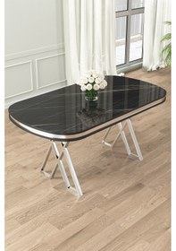 Resim Canisa Zae Serisi 90x168 Lak Panel Siyah Mermer Desen Masa Takımı Krom Ayaklı 6 Siyah Sandalye Masa Siyah Mermer Desen Sandalye Siyah 