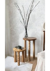 Resim Ahşap 2 Li Set Yan Sehpa Modern Fiskos / Çiçeklik Natural Renk Ve 