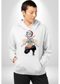 Resim Anime Inosuke Hashibira Demon Slayer Kadın Erkek Beyaz Kapüşonlu Sweatshirt Hoodie Beyaz 