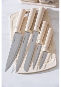 Resim Acar Cooper 12 Parça Standlı Kesme Tahtası Servis Ve Bıçak Seti Krem 