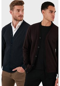 Resim Buratti Pamuklu Regular Fit Düğmeli V Yaka 2'Li Paket Erkek Hırka 456205S2 Bordo-Lacivert 