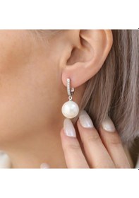 Resim 925 Ayar Gümüş Taş Detaylı Creamrose Tatlısu İncisi Küpe-14mm 