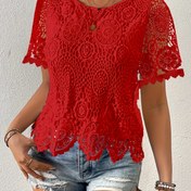 Resim Kadınların şık pembe dantelli kısa kollu tişörtü - Çiçek desenli, yuvarlak yaka, hafif polyester, yazlık rahat üst, rahat kıyafet için dantel detaylı 