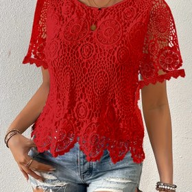 Resim Kadınların şık pembe dantelli kısa kollu tişörtü - Çiçek desenli, yuvarlak yaka, hafif polyester, yazlık rahat üst, rahat kıyafet için dantel detaylı 