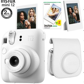 Resim Instax mini 12 Beyaz Fotoğraf Makinesi-20'li Film-Çerçeve ve Deri Kılıf Seti 