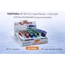 Resim Gold Police GP-001 3 In 1 Laser Pointer + 2 LED Işıklı El Feneri Anahtarlıklı 24 Adet 