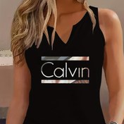 Resim Kadın Calvin V Yaka Tank Top - Siyah Kolsuz Crop Top Altın Harf Baskısı, Rahat Yaz Stili, Polyester Karışımı, Makinede Yıkanabilir, Bayan Tank Topları 