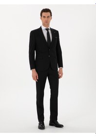 Resim Cacharel Siyah Slim Fit Çizgili Yün Takım Elbise 