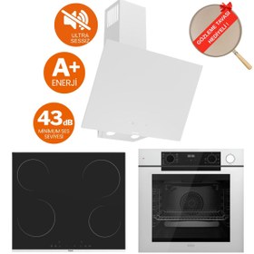 Resim Ferre FryArt & Buharlı Focus Sessiz Davlumbaz Elektrikli Beyaz Ank. Set (D078-SA + MS261 + QEP64CB) 