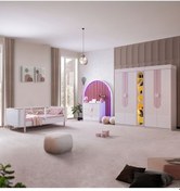 Resim Vira Çocuk Odası Takımı, Vira 4 Kapaklı Dolap, Perla Karyola, Şifonyer, Kitaplık - Pembe Beyaz 