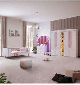 Resim Vira Çocuk Odası Takımı, Vira 4 Kapaklı Dolap, Perla Karyola, Şifonyer, Kitaplık - Pembe Beyaz 