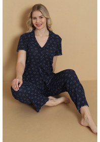 Resim Wordex Mirano 1711 Kalp Desenli Pointel İnce Kumaş Düğmeli Kısa Kollu Kadın Pijama Takımı Lacivert 