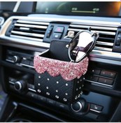 Resim Pembe Bling Kristal Rhinestone Araba Hava Firar Cep Çanta Saklama Kutusu Organizatör Evrensel Deri Araba Cep Telefonu Gözlük Tutucu 