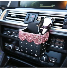 Resim Pembe Bling Kristal Rhinestone Araba Hava Firar Cep Çanta Saklama Kutusu Organizatör Evrensel Deri Araba Cep Telefonu Gözlük Tutucu 