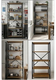 Resim Metal Gövdeli Kitaplık, Çok Amaçlı 5 Katlı Mutfak & Banyo Rafı - Kahve Ahşap 