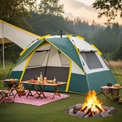 Resim 4 Kişilik Otomatik Pop-Up Kamp Çadırı, Dört Nokta Açma, Çift Kapı Pencereleri, Taşınabilir Hafif Aile Kampı, Yürüyüş, Avcılık, Bahar Yaz Sonbahar - Yeşil, Dayanıklı Açık Hava Barınağı 