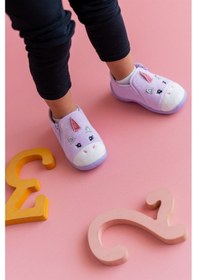 Resim Unicorn Fermuarlı Kadife Panduf Lila 