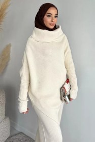 Resim Degaje Yaka Tesettür Triko Panço Krem TZL-P-00020259 