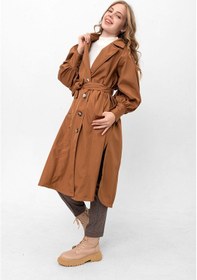 Resim Pastelastore Kadın Balon Kol Yırtmaçlı Düğmeli Kuşaklı Oversize Uzun Mevsimlik Trençkot 2113 Taba 
