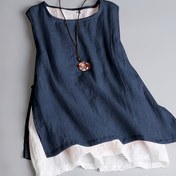 Resim Kadınlar için Vintage Esintili Çift Katmanlı Düğmeli Tank Üstü - Kolsuz, Yuvarlak Yaka, İki Tonlu Tasarım ile Büzgülü Hem, Bahar/Yaz/Sonbahar için Mükemmel, Çok Yönlü Katlama Parçası | Düğmeli Üst | Şık Büzgülü Hem 