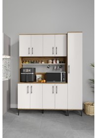 Resim Plain Metal Ayak Metal Kulp Pla9155 Kahve Köşesi 9 Kapaklı Çok Amaçlı Dolap Erzak Dolabı Kiler Dolabı Saklama Dolabı Ekru Ceviz 