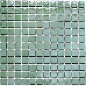 Resim MozaiKristaL Mutfak, Banyo, Havuz, Sauna, Spa Vb. Tüm Mekanların Tüm Yüzeylerinde Kullanılabilir 25x25 mm Yeşil Cam Mozaik. ( 1 Kutu = 10 File Karo = 1 m2 Fiyatıdır ) 