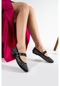 Resim Siyah Süet Yuvarlak Burunlu Ortapedik Taşlı Baretli Düz Tabanlı Babet Siyah 