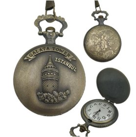 Resim Hediye Sahibi Retro Tasarımlı Quartz Galata Kulesi Kabartmalı Zincirli Köstekli Cep Saati 