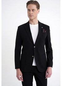 Resim Comfort Fit Çift Yırtmaç Torba Cep Metal Düğmeli Siyah Blazer Ceket C 734 