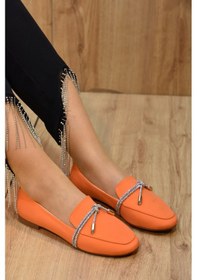 Resim Prego Taş Fiyonk Detaylı Günlük Kadın Saten Babet Turuncu Turuncu 