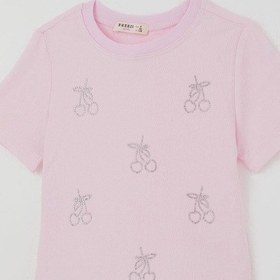 Resim Breeze Kız Çocuk Kısa Kollu Tişört Taşlı Kiraz Baskılı 8-14 Yaş , Pembe 