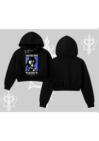 Resim Kapşonlu Crop Sweatshirt Oversize Anime Kız Baskılı Siyah 