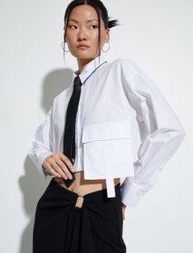 Resim Crop Poplin Gömlek Kargo Cepli Düğmeli Uzun Kollu Pamuklu 