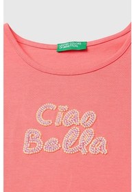 Resim United Colors Of Benetton Kız Çocuk Mercan Ön Ve Arka Baskı Detaylı Boncuk İşlemeli Geniş Yaka T-shirt 6-14 Yaş -2861 Pembe 