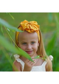 Resim Kız Bebek Çocuk Çiçek Detaylı El Yapımı Yumuşak Esnek Pamuklu Penye Saç Bandı - 0 - 6 Ay / Hardal Hardal 