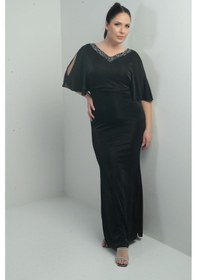 Resim Kadın Ön Arka Taşlı V Yaka Astarlı Dekolteli Yarasa Kollu Uzun Simli Büyük Beden Elbise-40380 Siyah 