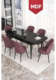 Resim Canisa Concept Kor Serisi, MDF 70x114 Açılabilir Yemek Masası Takımı, Siyah Mermer Desen Masa Ve 6 Gülkurusu Sandalye 