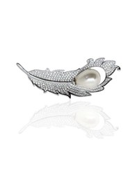 Resim Oya Silver İncili Gümüş Kuş Tüyü Broş 5.5x1.7cm Oya-br-7 