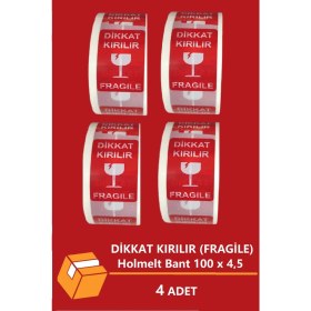 Resim Dikkat Kırılır / Fragile Yazılı Koli Bandı 4,5cm x 100M Kolay Bırakmaz Hotmelt Bant (4 Adet) 