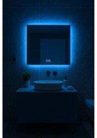 Resim Digital Hayat Buğu Çözücü Dokunmatik Dimlenebilir Kare Ayna Mavi Işıklı Led Dekoratif Banyo Makyaj Aynası Mavi 