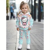 Resim Sanrio 2 Parça Kız Seti | Hello Kitty Gökkuşağı Bulutlu Dijital Baskı, Kapüşonlu Sweatshirt ve Eşofman Altı, Çocuklar İçin Rüya Gibi Hediye, Sonbahar/Kış Dış Mekan İçin İdeal 