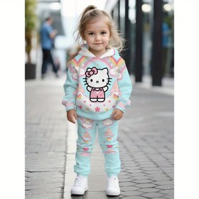 Resim Sanrio 2 Parça Kız Seti | Hello Kitty Gökkuşağı Bulutlu Dijital Baskı, Kapüşonlu Sweatshirt ve Eşofman Altı, Çocuklar İçin Rüya Gibi Hediye, Sonbahar/Kış Dış Mekan İçin İdeal 