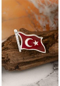 Resim 925 Ayar Gümüş Zirkon Taşlı Türk Bayrağı Bayan Rozet -8042 Gümüş 