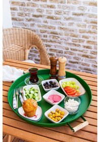 Resim 2'li Ahşap Kulplu 45 Cm Yeşil Metal Tepsi Ve 37 Cm Yeşil Kahve Sunum Tepsisi Yeşil 